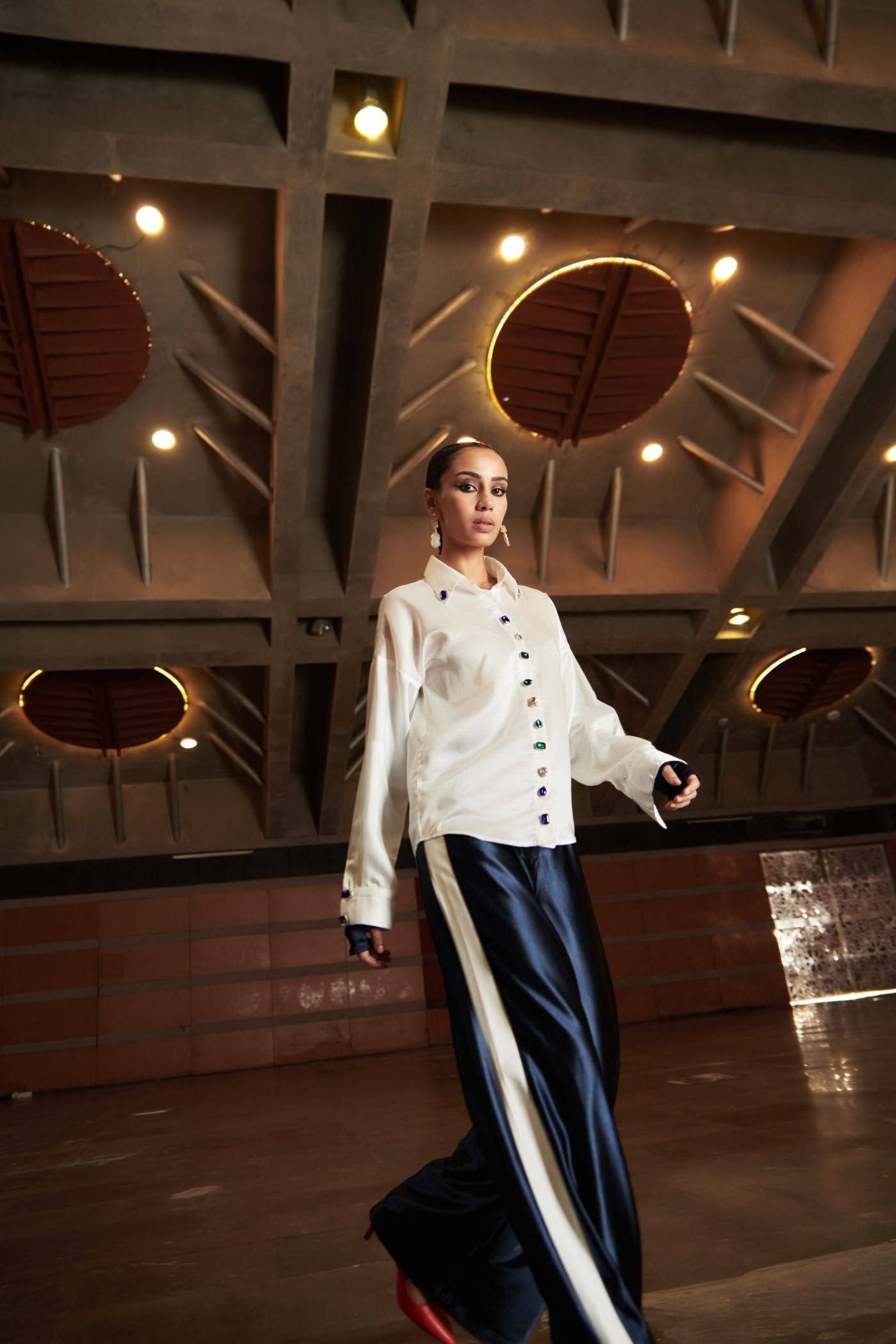 White Embroidered Shirt With Navy Blue Wide Pants